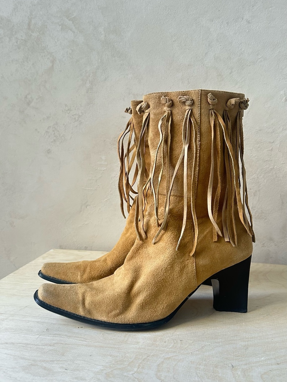 Tan Suede Fringe Western Boots | Soft Lined | Size EU 38